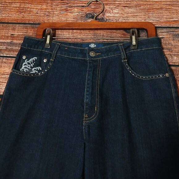 JeanBay Capri Jeans Plus Size 14 W Dark Ramie Denim Embroidered Wave - Picture 4 of 11